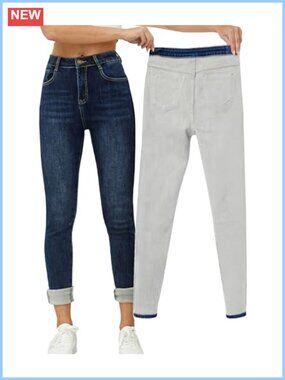 Fleece Lined Skinny Jeans High Rise Thermal Stretch Denim Pants